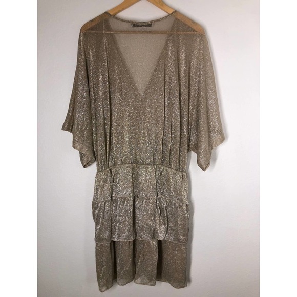 IRO Sheer Gold Wide Dress Mini Shimmering Tiered V-neck US 6 - Picture 6 of 12